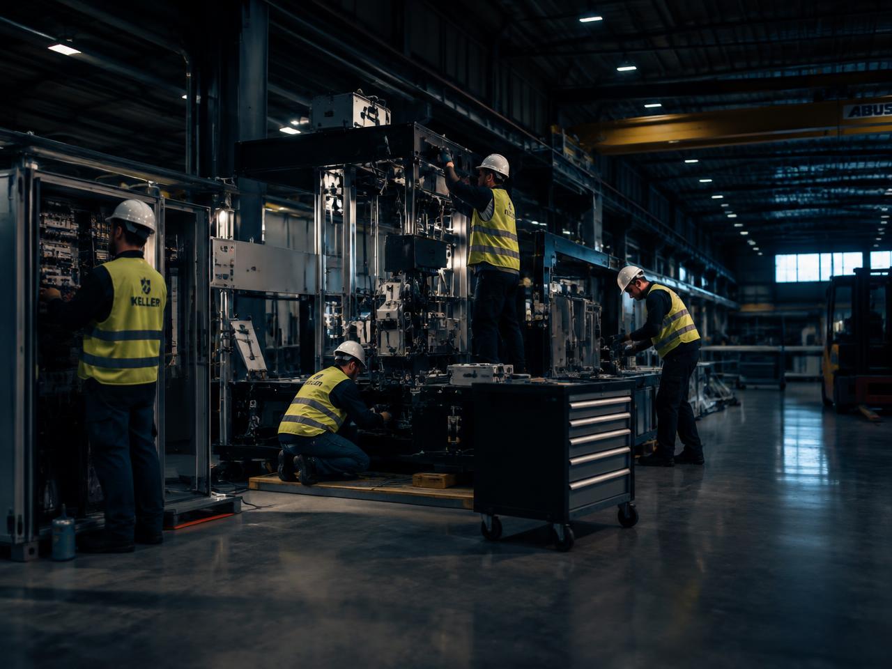 Assembly team installing machinery in a production hall