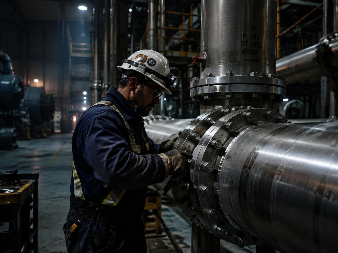 Pipefitter assembling industrial piping